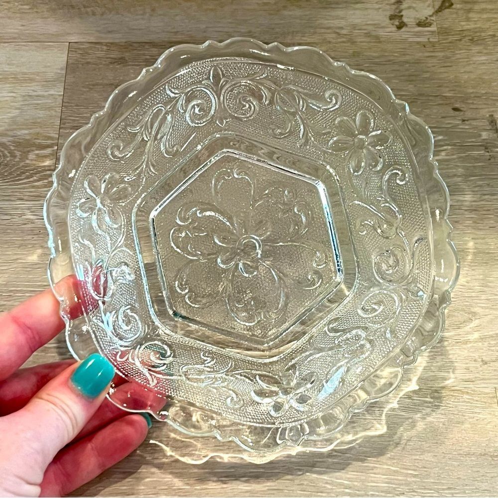Vintage Indiana Glass Candy-Nut Dish Hexagon Pressed Clear Daisy Theme